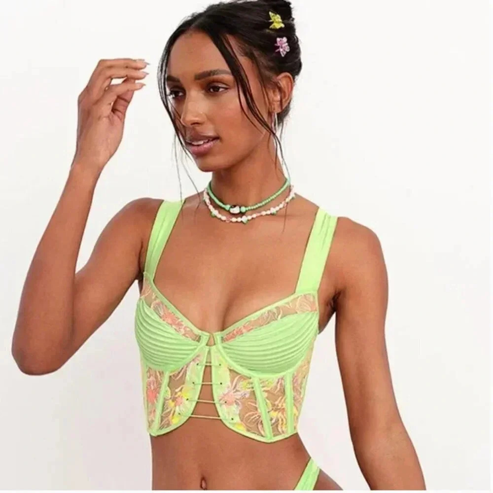 For Love & Lemons Electric Fields Embroidery Bustier Floral Pink Green Size XXS